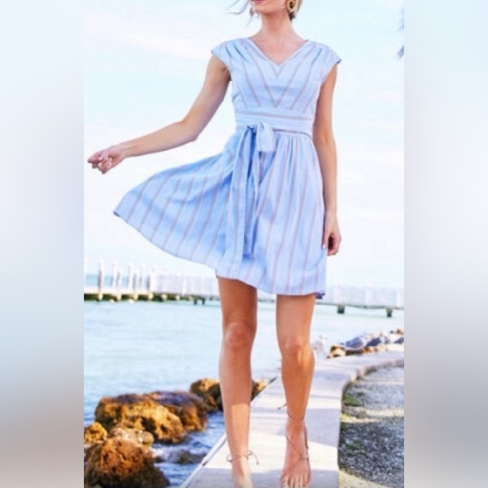 Vineyard Vines Light Blue Striped Tie-Waist Mini Dress